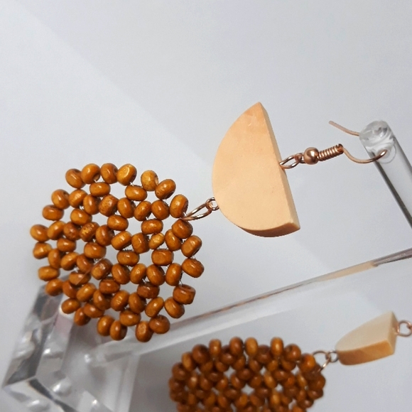 *2 for $15* Wood Bead Geometric Drop Earrings - Picture 4 of 5